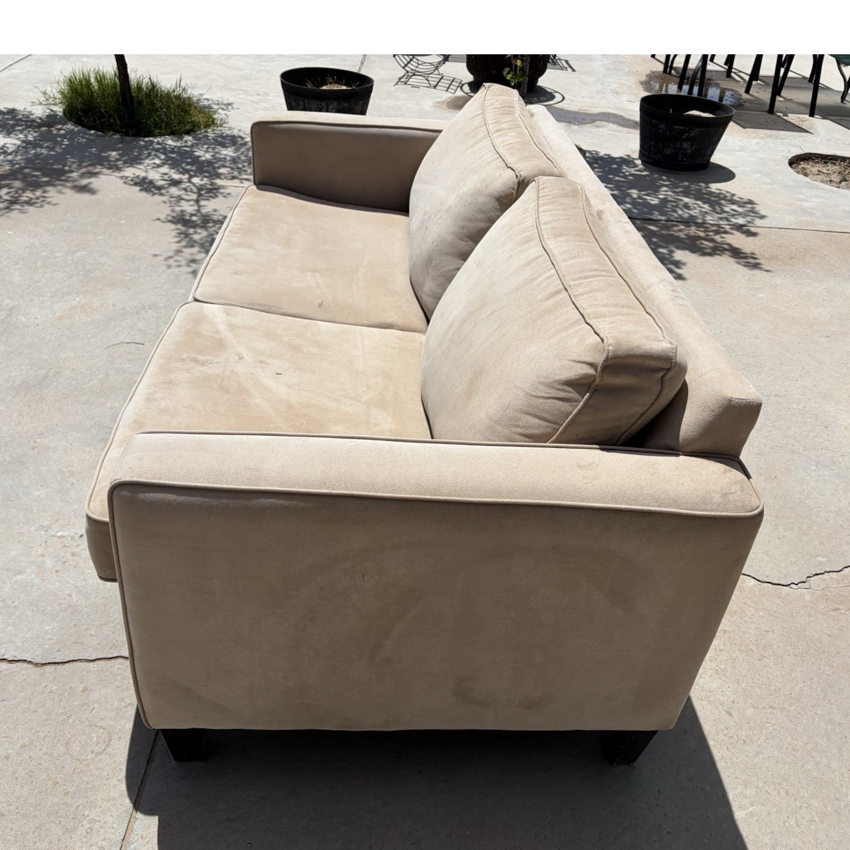 Beige Two-Seat Sofa Track Arms High Back Removable Cushions Wood Microfiber