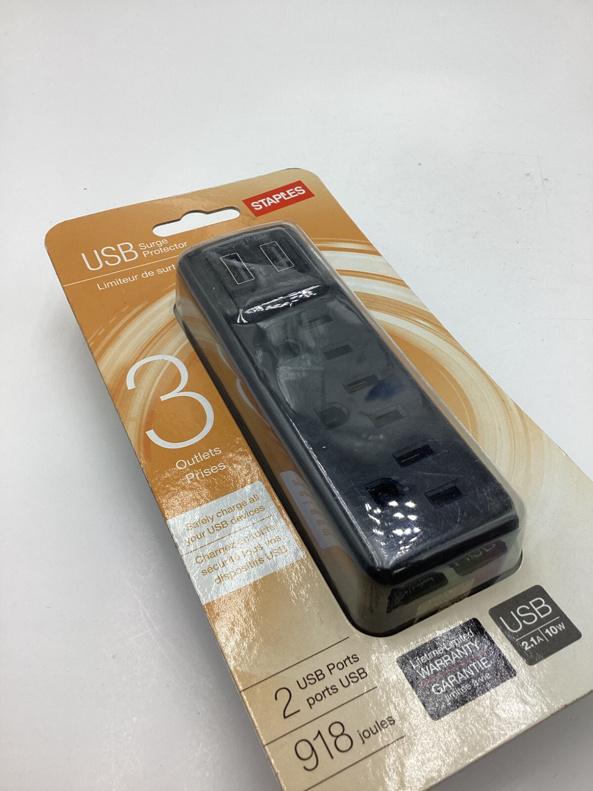 Staples 24497 Surge Protector Power Protector 3-Outlet 2 USB Port Black