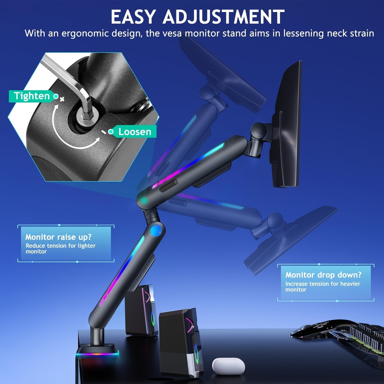 Single Monitor Mount, Built-in RGB Lights, Adjustable Monitor Arm with USB