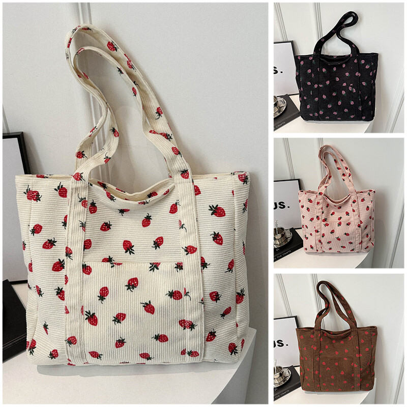 Corduroy Strawberry Printed Shoulder Bag Womens High-Capacity Versatile Tote Bag