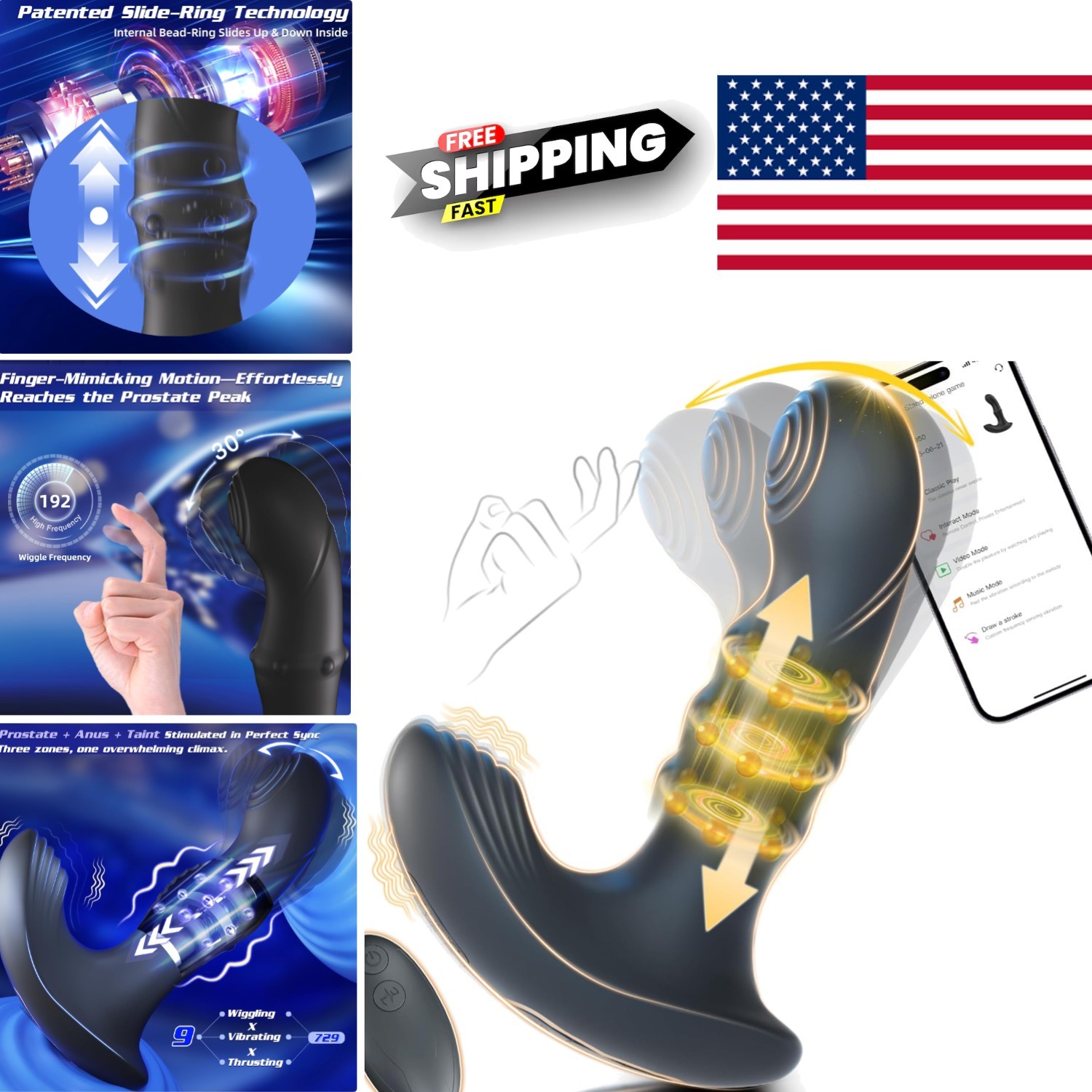 Wiggling Prostate Massager with Beaded Thrusting Ring for Deep Stimulation