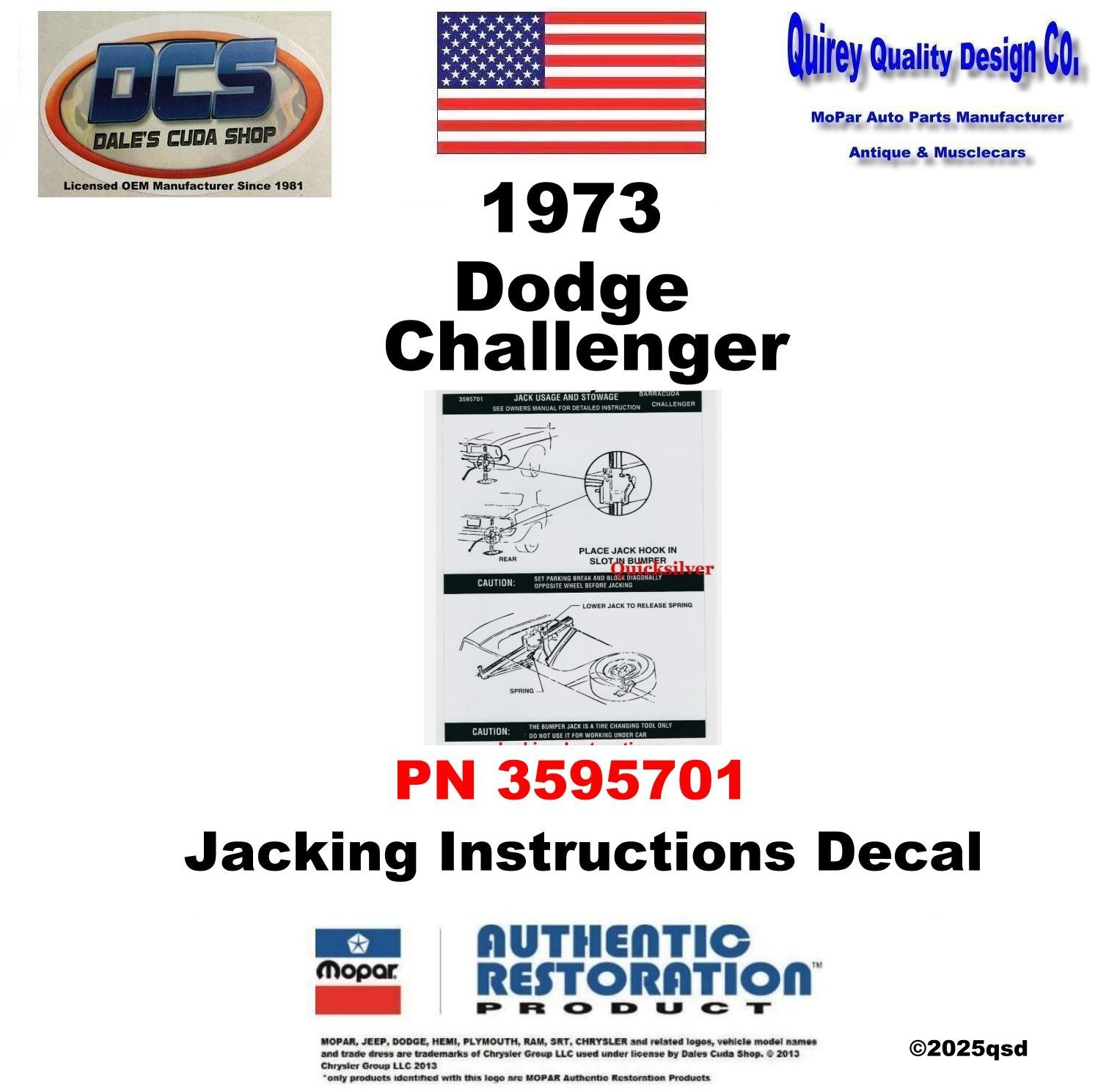 1973 Dodge Challenger Jacking Instructions Trunk Lid Decal 3595701 New MoPar USA