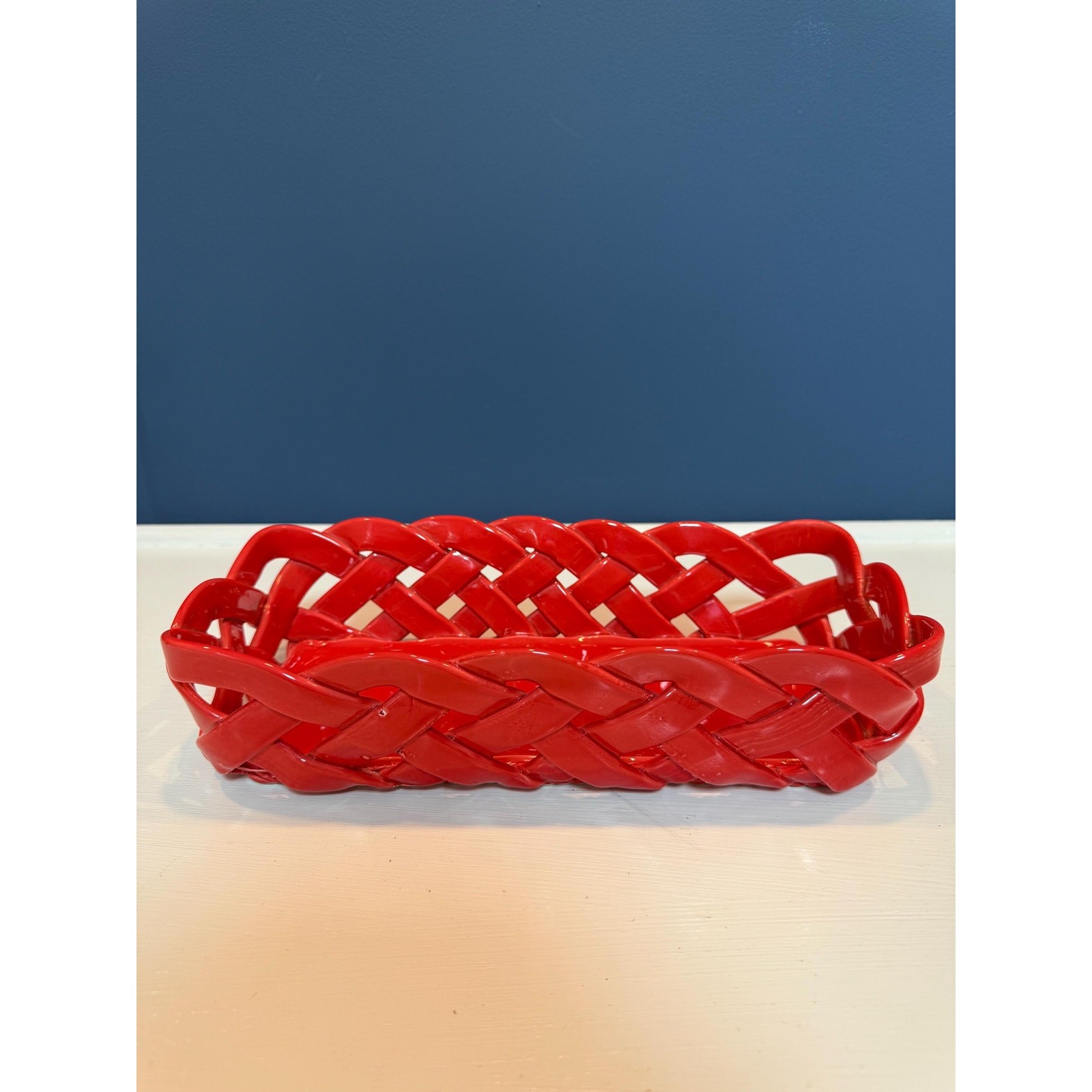 Vintage Primo Gi Red Ceramic Woven Bread Basket Italy Large Weave