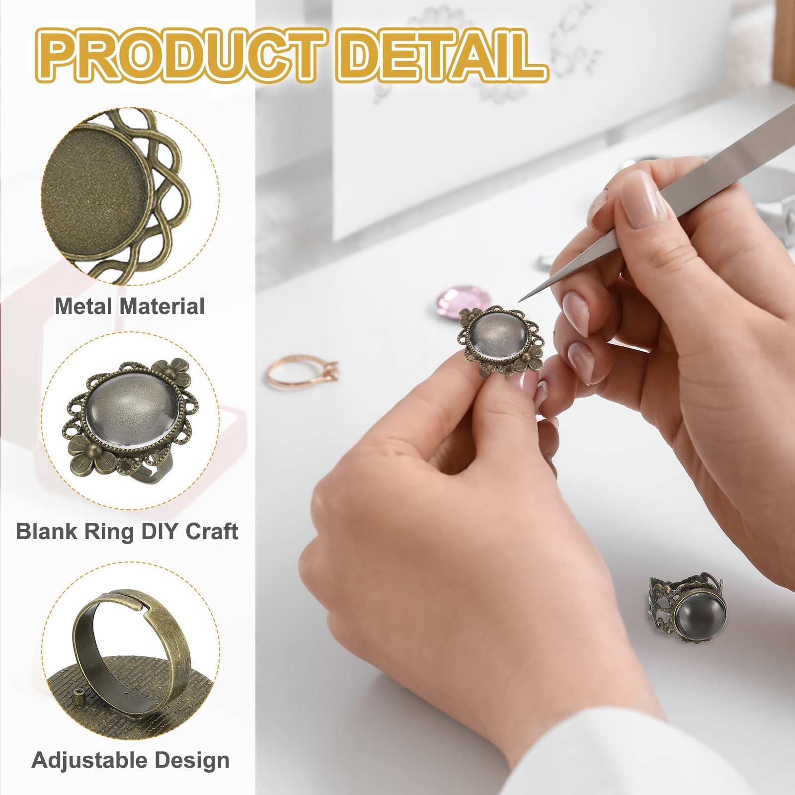 10Pcs Ring Base Blank, 20mm Ring Blank Base with 10Pcs Cabochon(Bronze)