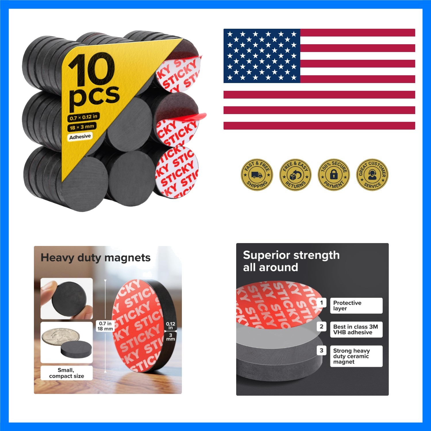 Strong Ceramic Round Small Magnets with Adhesive Backing 0.7x0.12/18x3mm, 10 ...