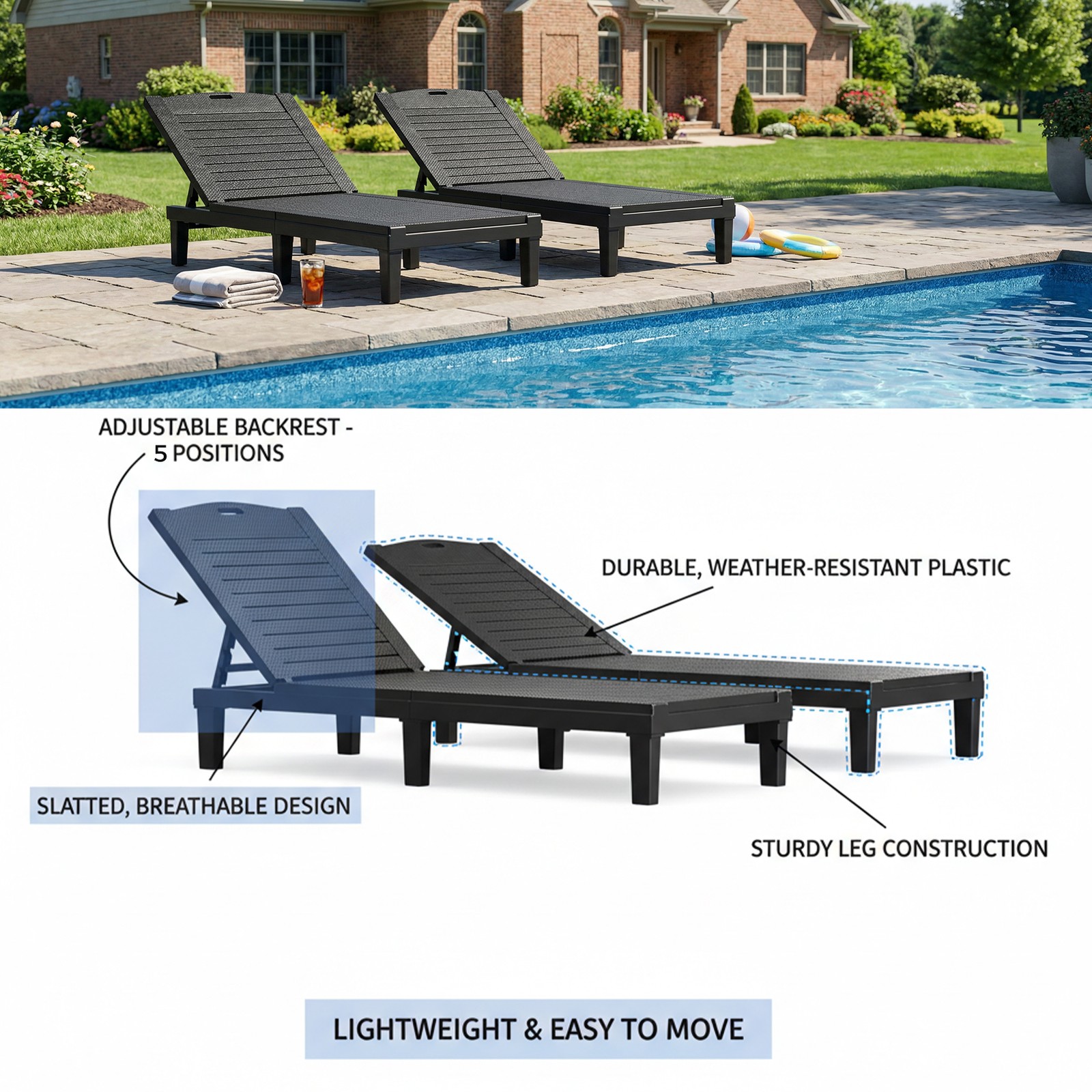 2PCS Lounge Chair Outdoor 5 Position Adjustable Pool Chaise Chair Patio Beach