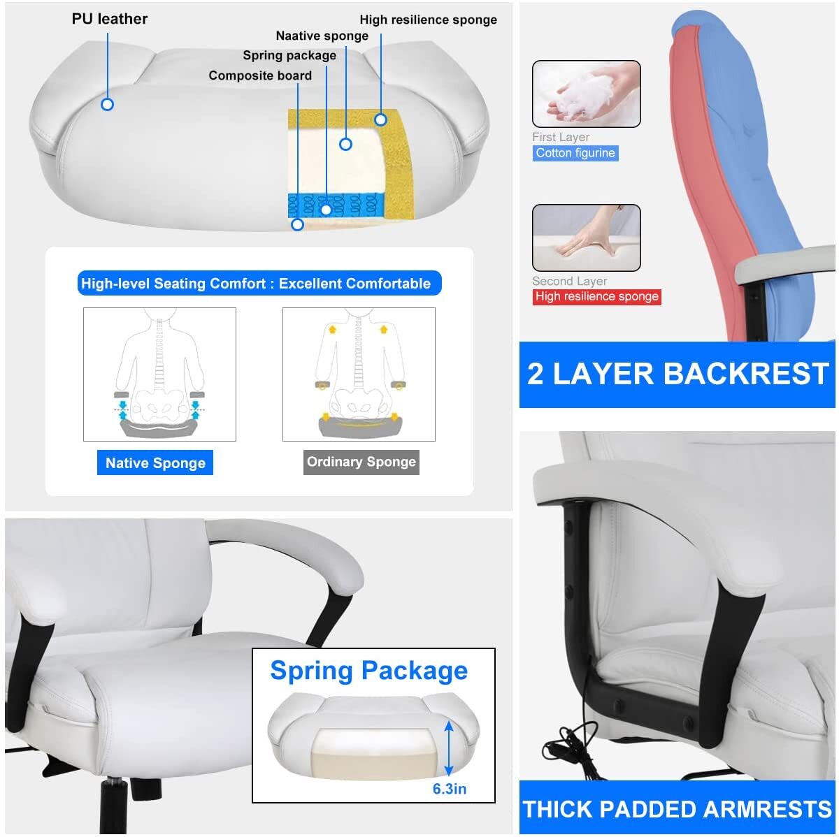 Big and Tall Chair Massage Ergonomic 500lbs Wide Seat with Lumbar Support White