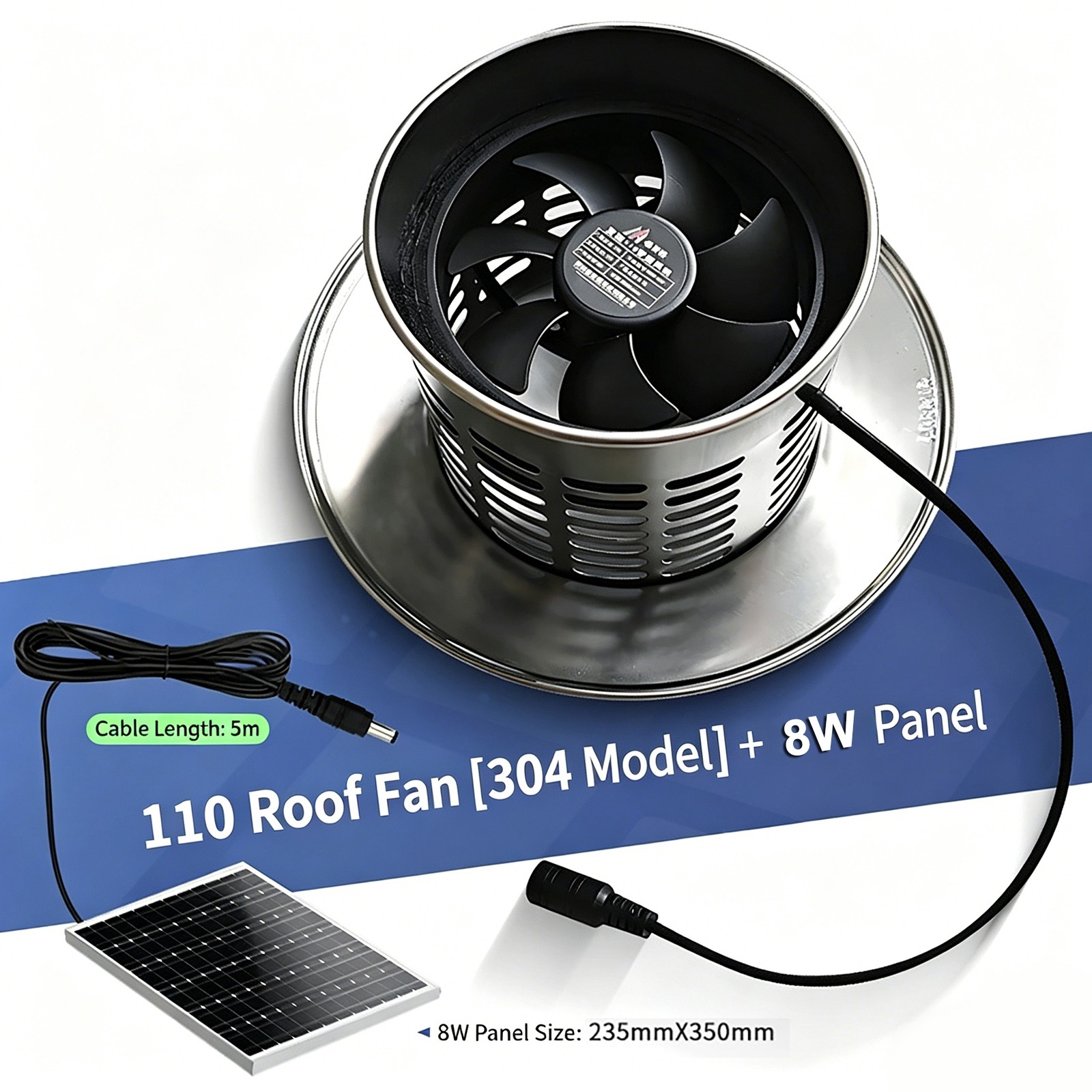 304 Stainless Steel 110mm 12V Roof Exhaust Ventilation Fan + 8W Solar Panel