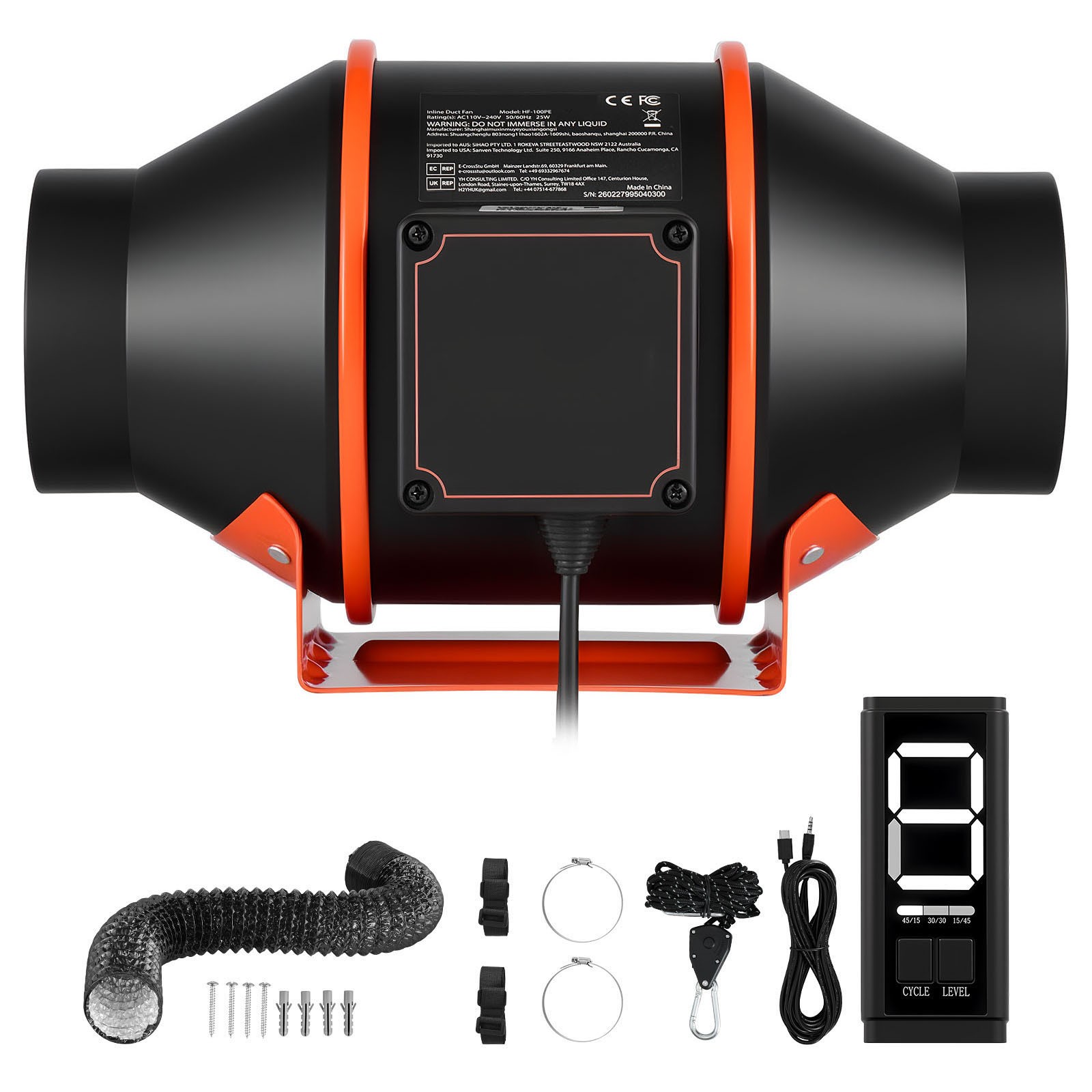 Inline Duct Fan Kit with Carbon Filter, 205 CFM 4" EC Motor, 3-Speed