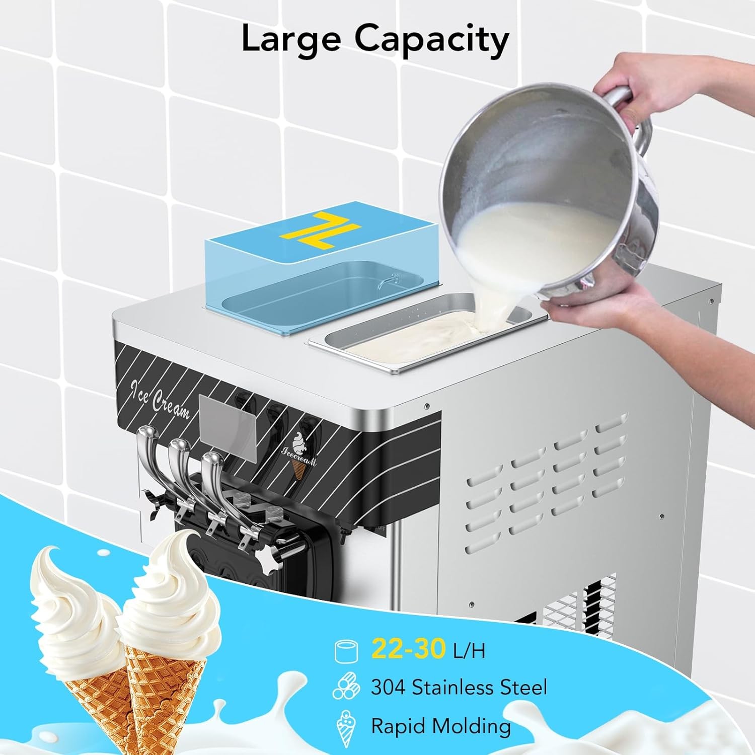 Automatic Ice Cream Maker -5.8to8 gal/ Hour LCD Panel Auto Clean Stainless Steel