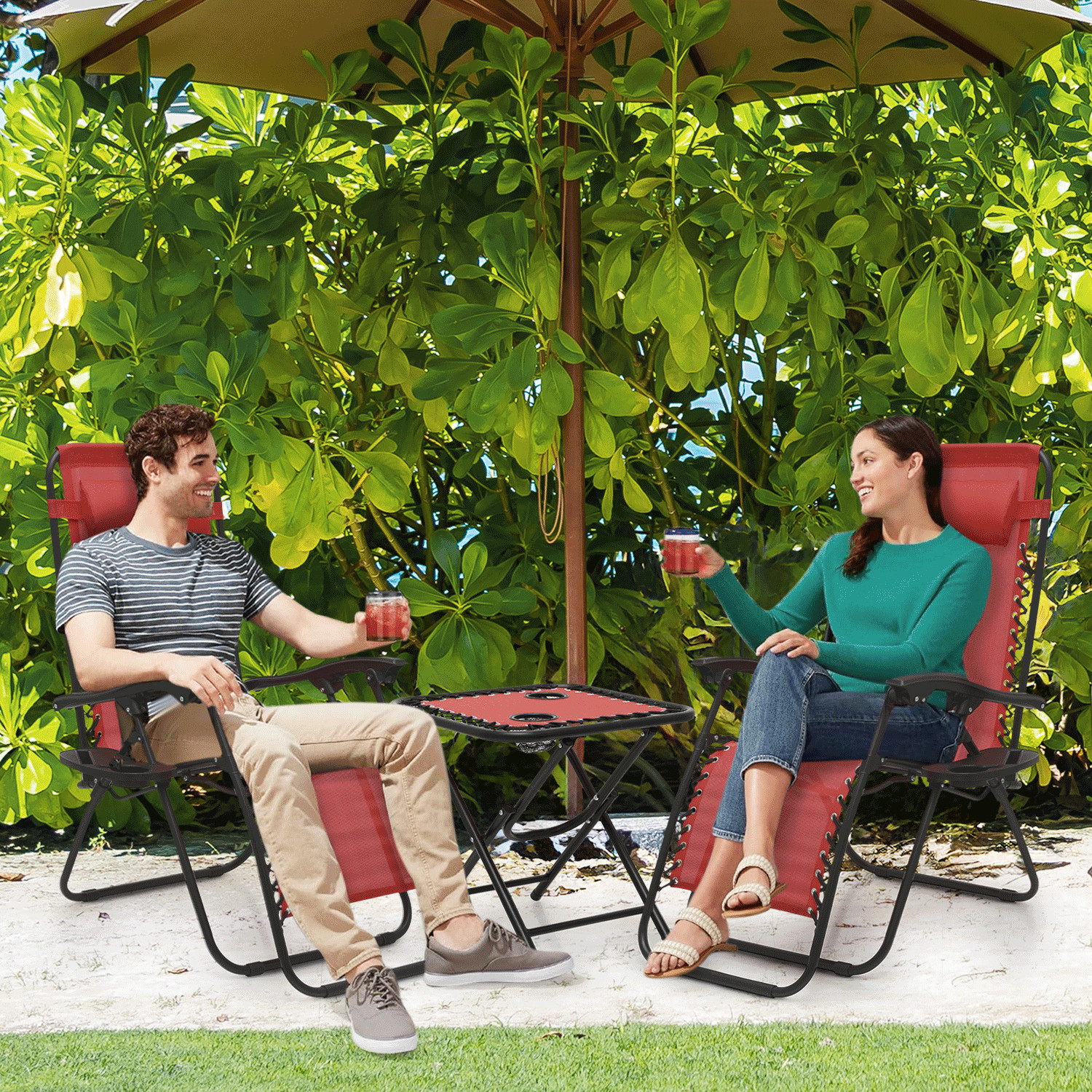 3 Pcs [ZERO GRAVITY CHAIR+PATIO TABLE SET] Foldable Recliner Beach Lounge Chaise