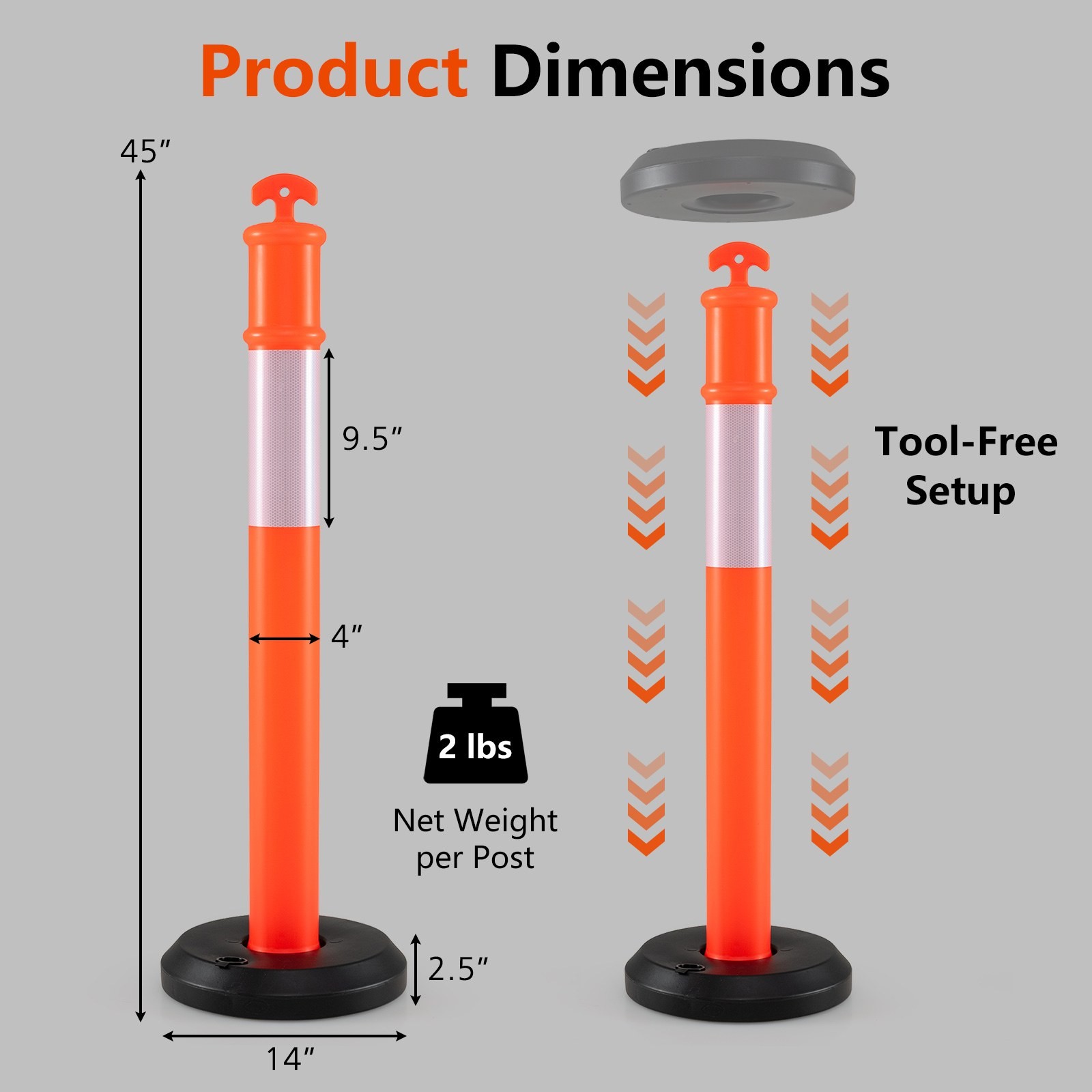 3 Pack Traffic Delineator Posts with Fillable Base,45 Inch Delineator Post Cones