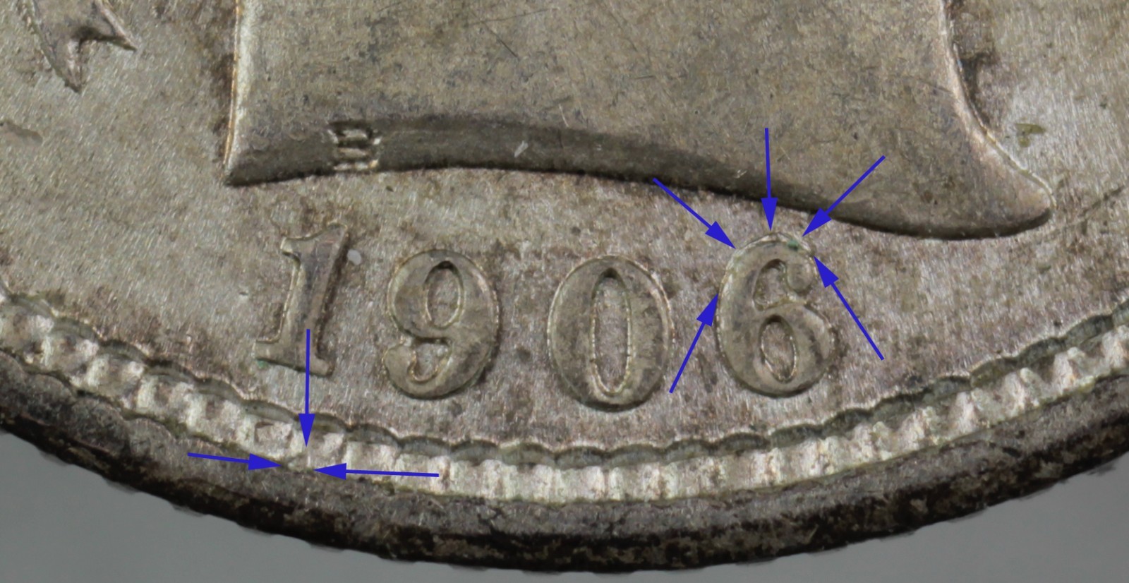 1906-D L-103 RPD-006 & MPD Barber Dime AU/UNC obverse scratch. Can combine ship.
