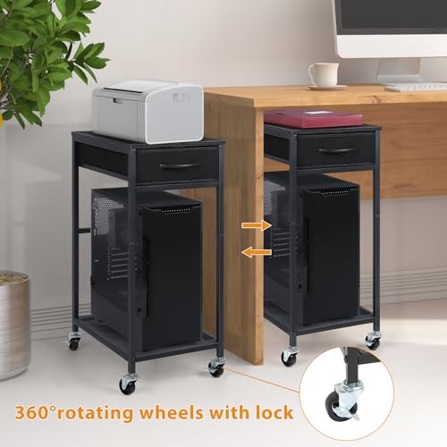 PC Stand 2 Tier Computer Tower Stand with Drawer Mobile Computer Cart Black