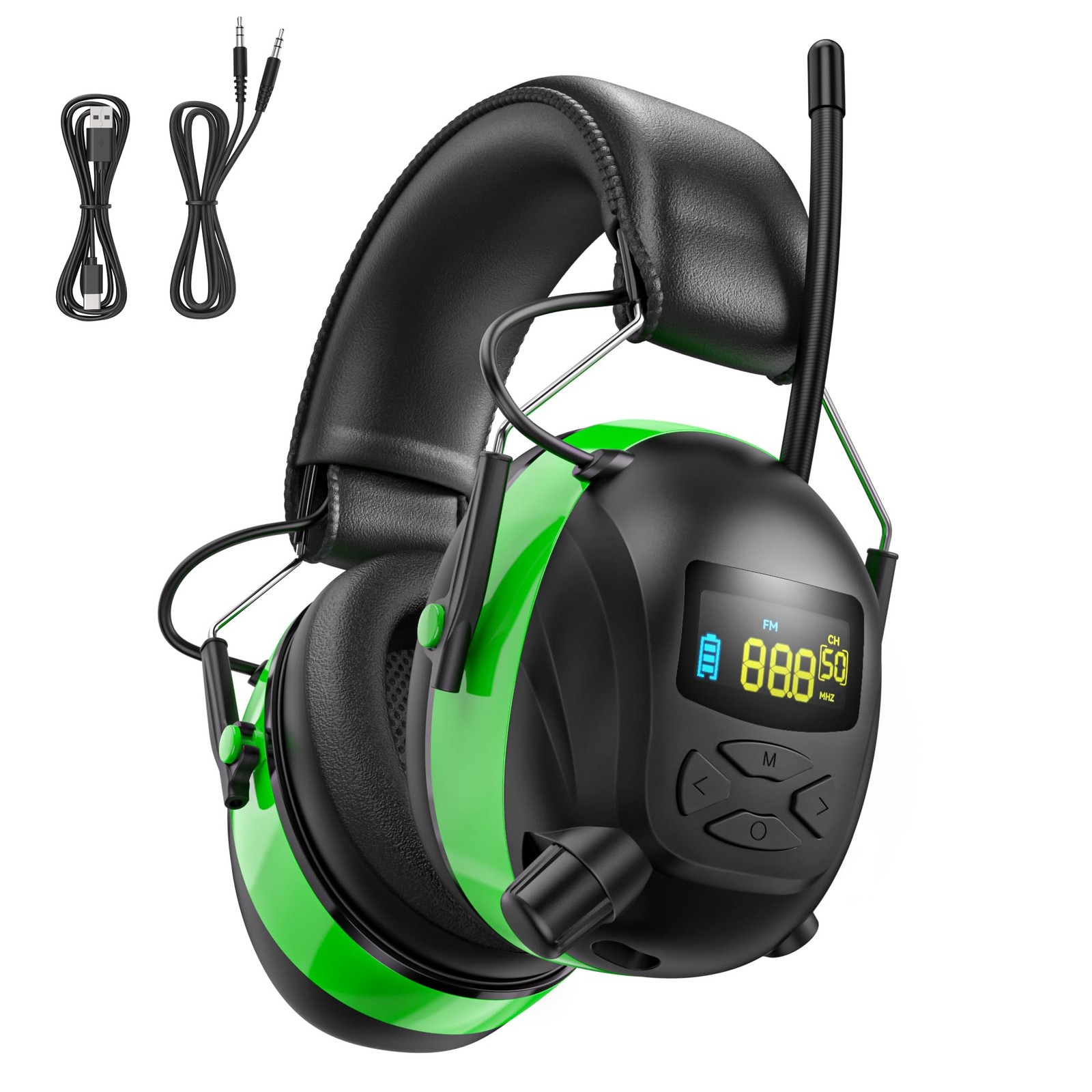 2025 AM/FM Radio Ear Protection Headphones with Backlit Large, Green-am/Fm