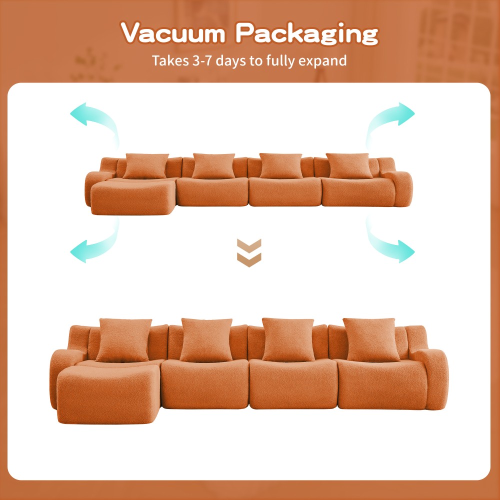 L-Shaped Teddy Fabric 4-Seat Sofa w/ Curved Armrest & Anti-Slip Design, Orange