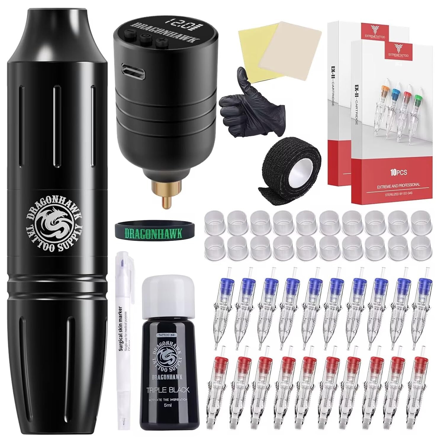 Dragonhawk Kit Mast Pen Rotary Tattoo Machine Power Supply 20Pcs Wjx Cartridges