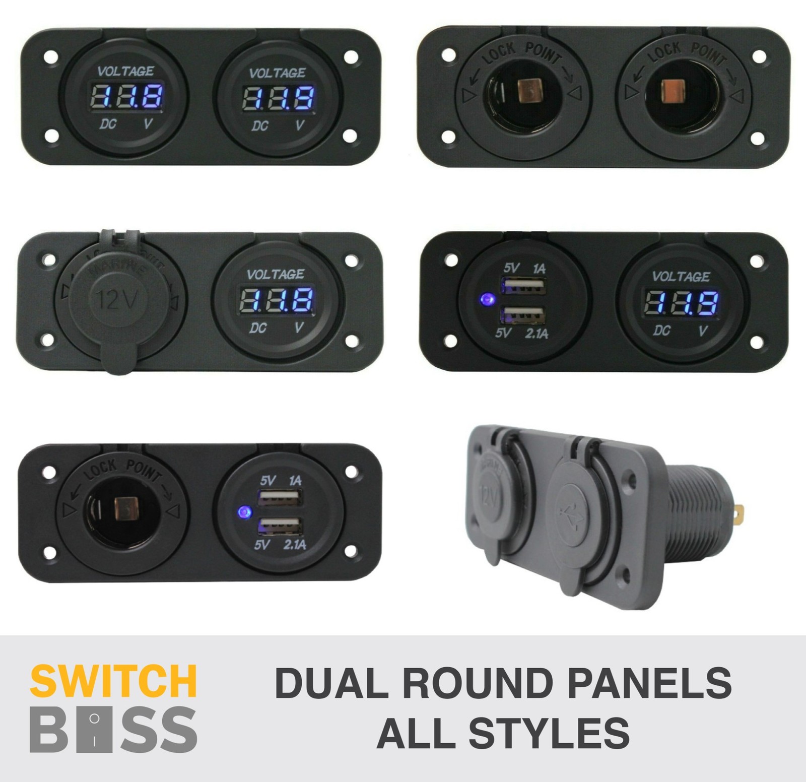 DUAL ROUND ACCESSORY Flush Mount Panel 12v 24v LED Cig USB Volt Power Socket