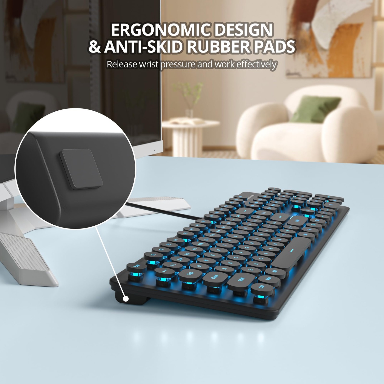 Wired Retro Typewriter Keyboard 104 Round Keys Blue LED Backlit Silent Black