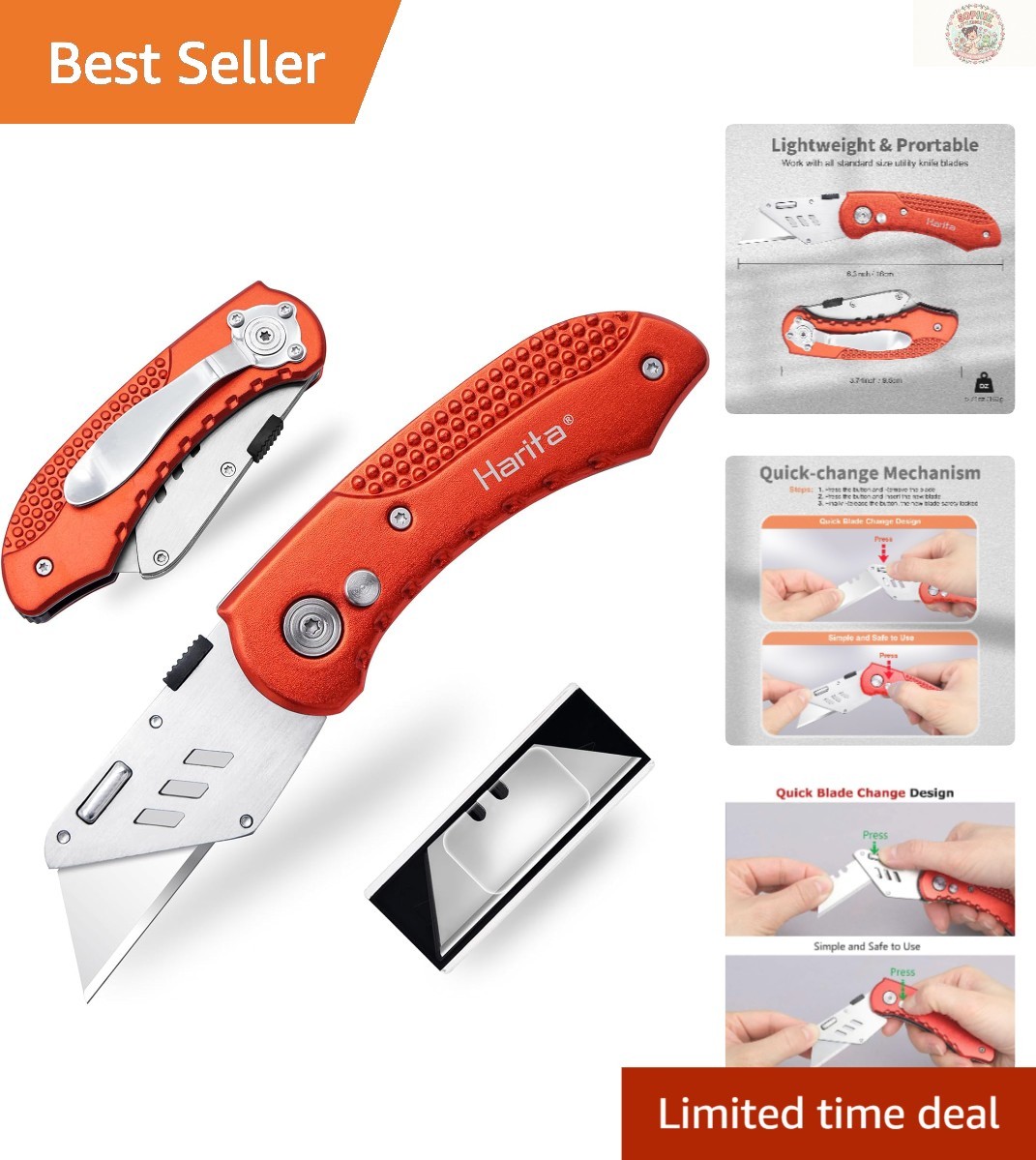Heavy-Duty Folding Box Cutter with 5 SK5 Blades - Versatile, Red Aluminum Knife