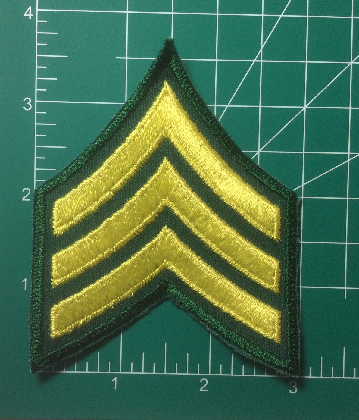 (2) Sergeant Chevron - 3 Yellow Stripes on Forest Green Patch (Green Border) OLD