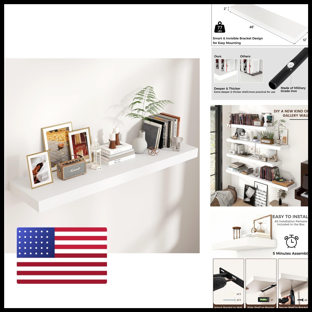 48 Inch Floating Shelves for Wall 12in D Wood Storage Shelves White Finish