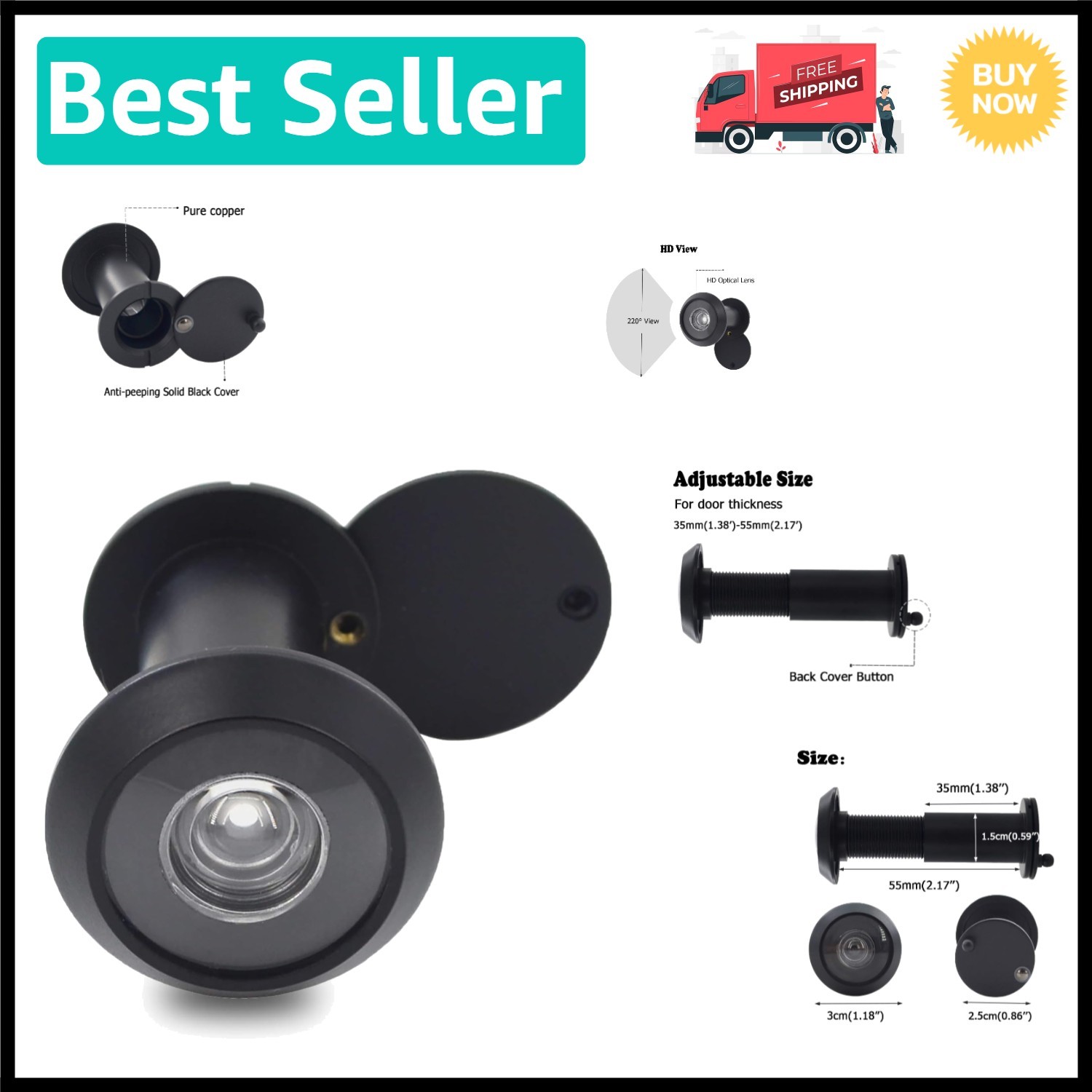 Modern Door Viewer with Heavy Duty Privacy Cover - Fits Standard Door Thickness