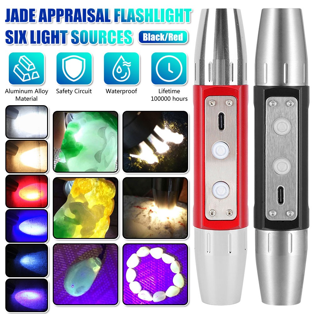 6 in 1 LED UV Flashlight Jade Gem Jewelry Detector Torch Gemstone Light Lamp