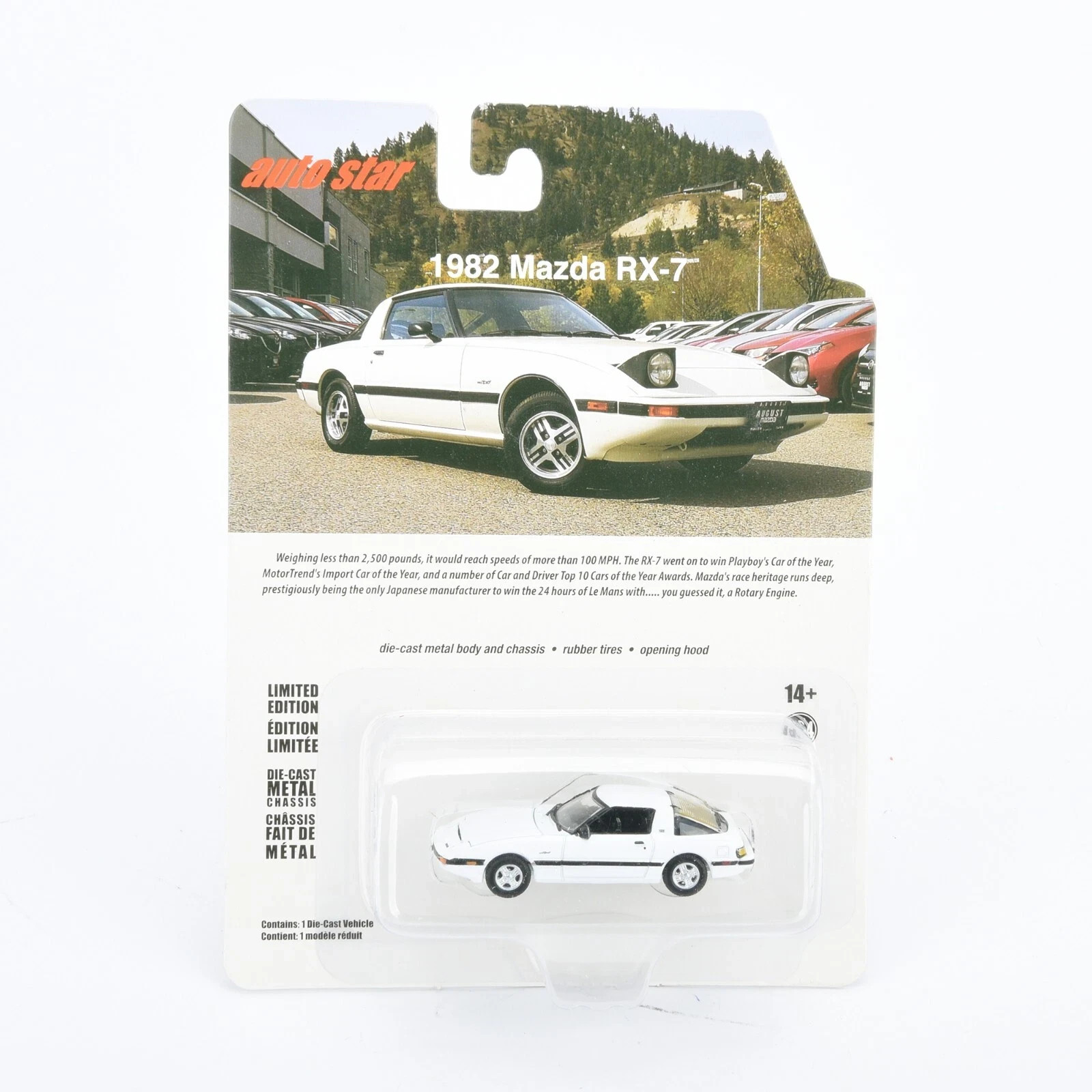 Auto Star 1982 Mazda RX-7 White 1/64 Diecast Car Toys Opening Hood Rubber Tires