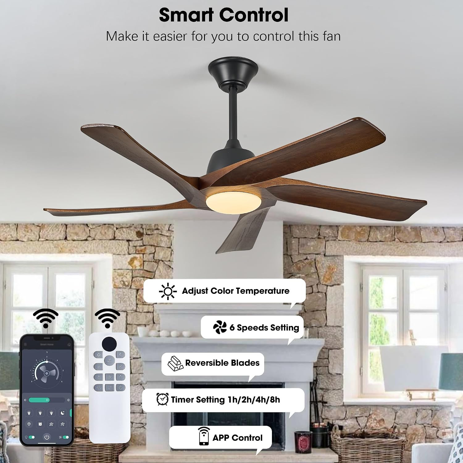 52" Solid Wood Ceiling Fan with Light, (Dark Walnut) | 6-Speed Reversible Quiet