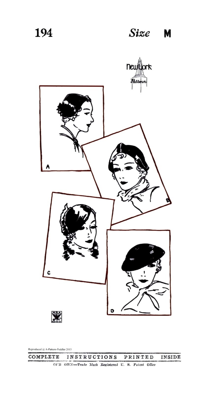 NY Pattern 194 Beret HAT Cap Pattern Un-Printed 1930's