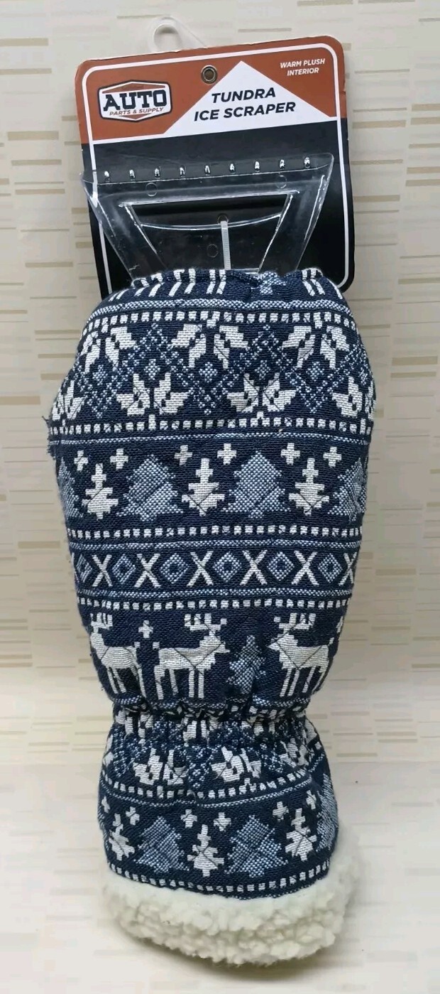 Car Windshield Ice Scraper Glove Warm Plush Blue White Reindeer Snowflake