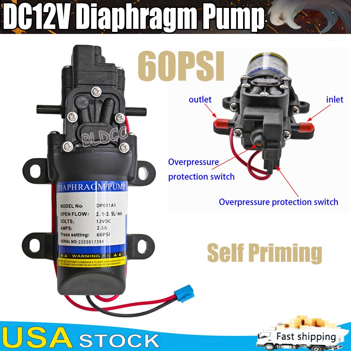 High Pressure 60PSI DC 12V Water Pump Self Priming Sprayer Diaphragm Auto Switch