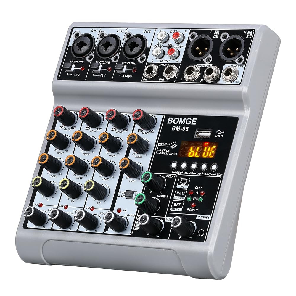 BOMGE Audio Mixer, Sound Board Mixing Console with 5 Channel Digital USB Bluetoo