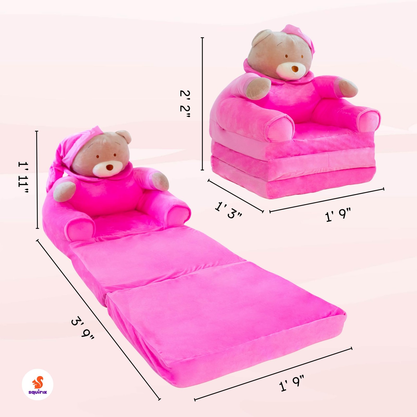 Folding Chair – Plush Teddy Bear Fold Out Chair Bed for Toddlers – Soft Kid C...