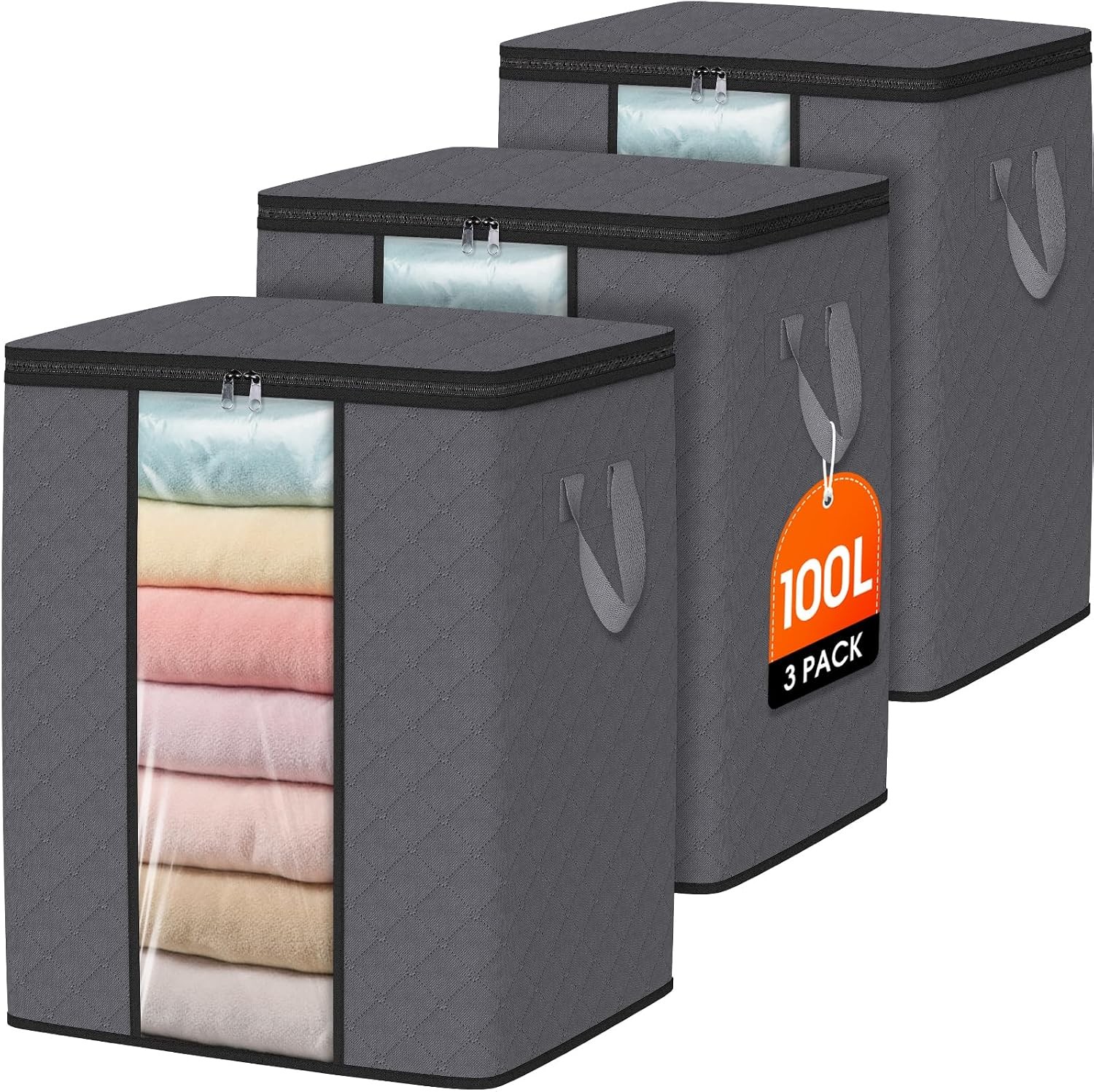 3 Pack 100L Clothes Storage, Foldable Thick Fabric Blanket Storage Bags,