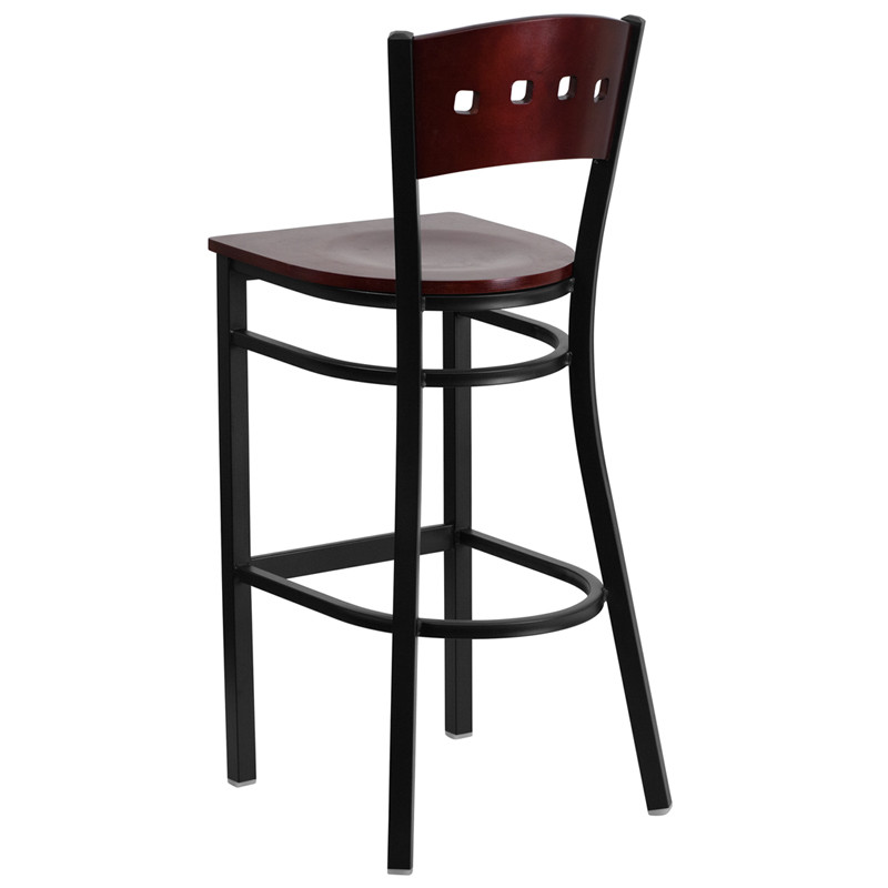 4 Square Metal Restaurant Barstool, Mahogany Wood Back & Seat