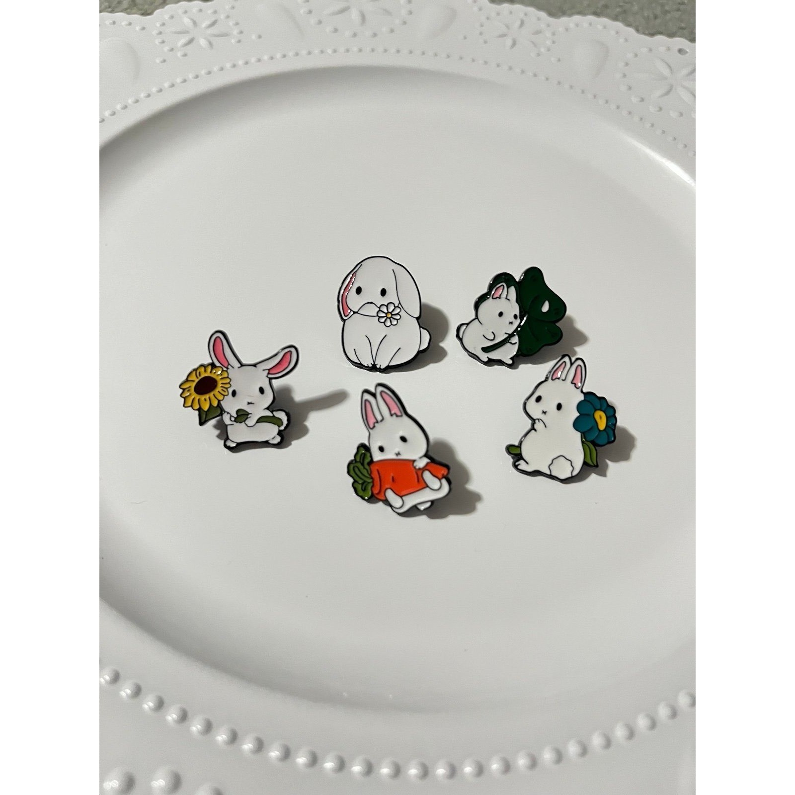 White Bunny Cottagecore Enamel Pins