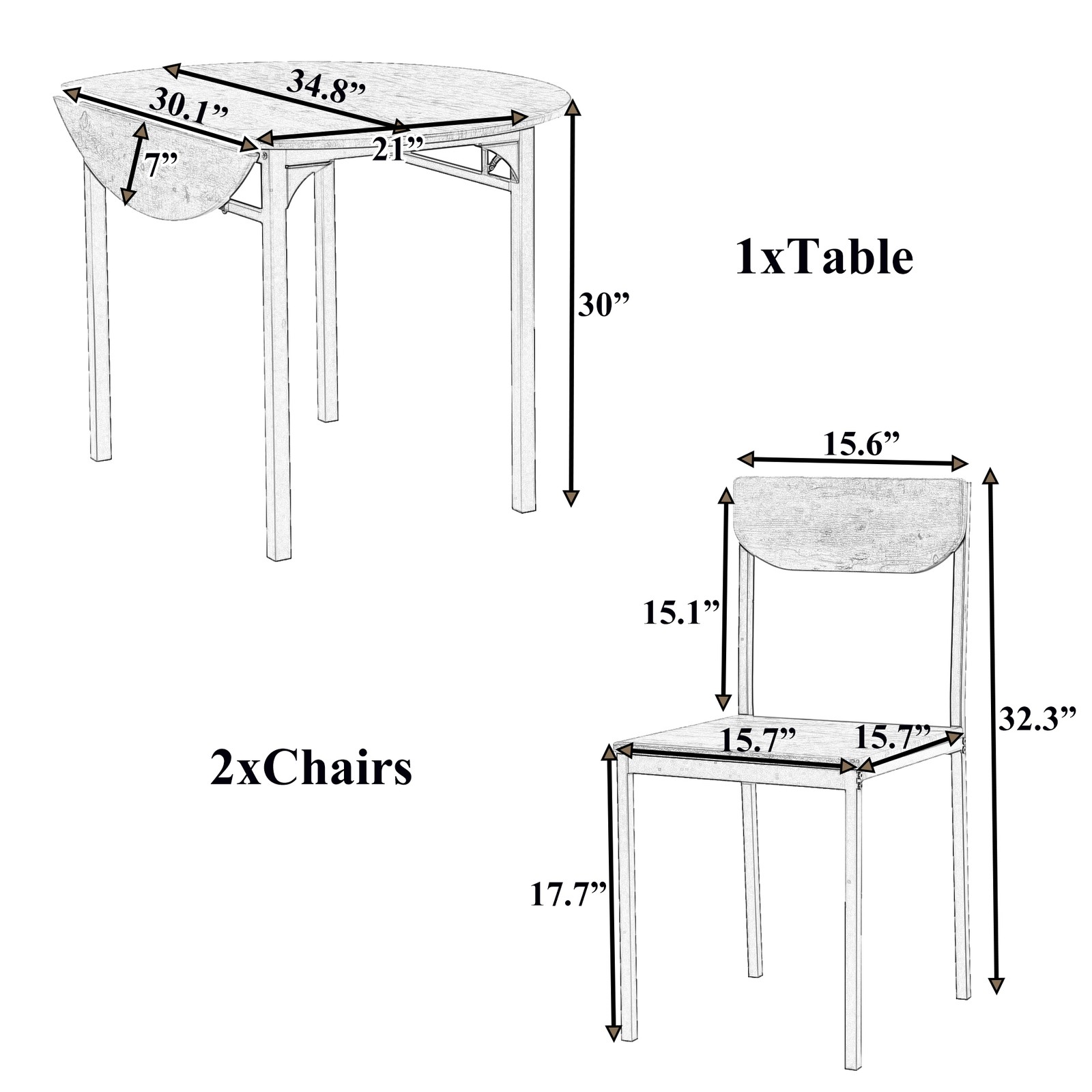 Modern 3-Piece Round Dining Table Set with Drop Leaf and 2 Chairs for Small