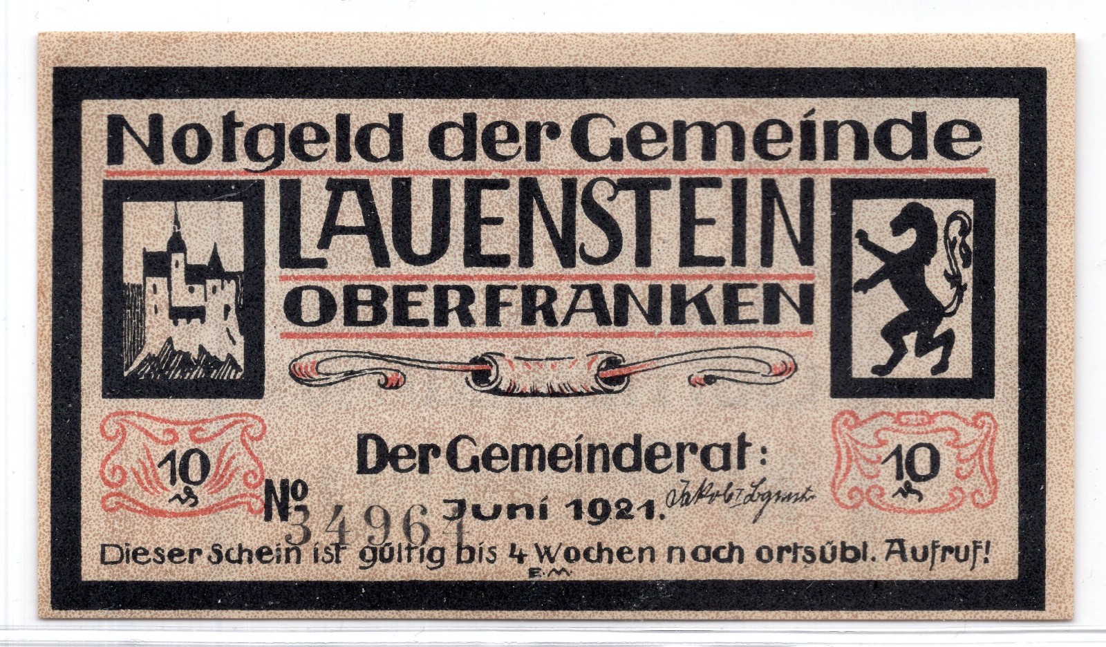 1921 Germany Lauenstein Notgeld 10 Pfennig Note (2413)