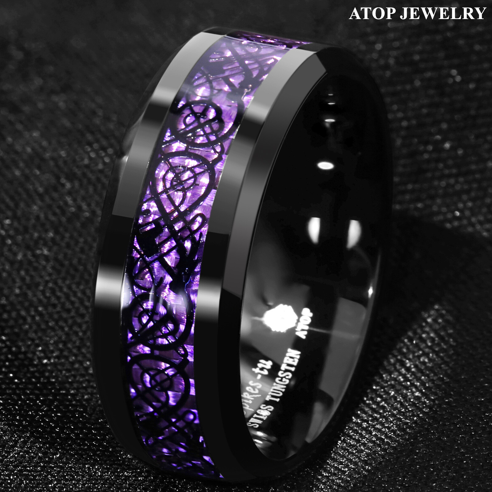 8mm Black Tungsten Purple Carbon Fiber Wedding Band Ring ATOP Jewelry
