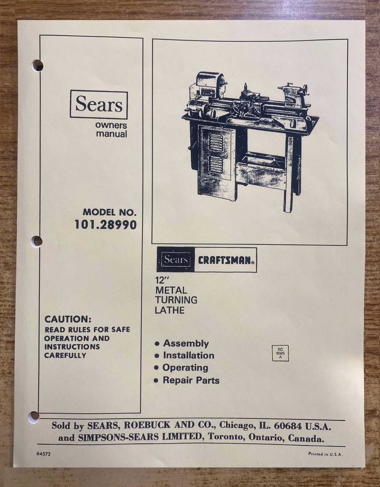 12" Metal Turning Lathe Instruction Manual Craftsman 101.28990