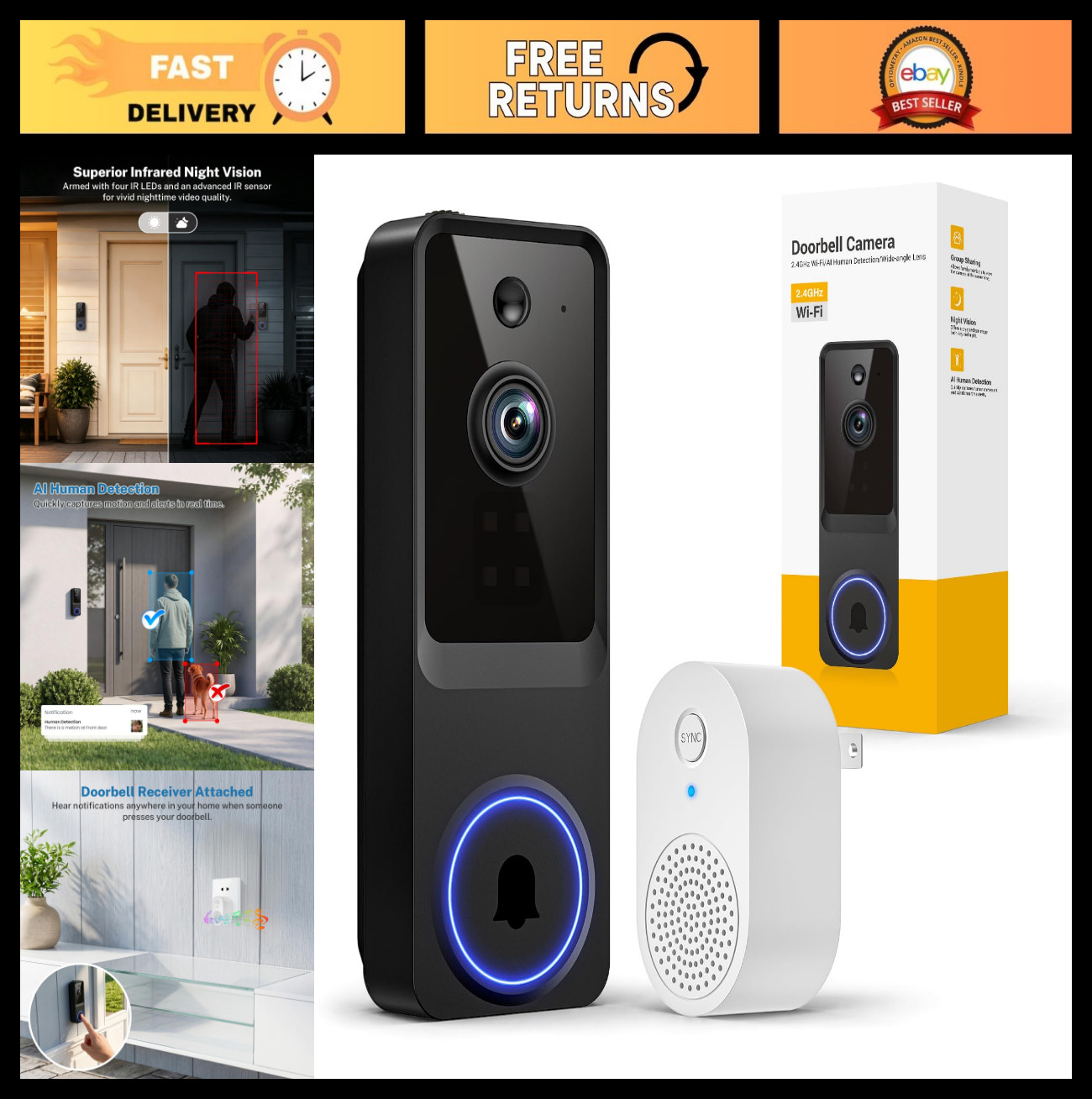 1080p Wireless Wi-Fi Video Doorbell Camera, Night Vision, Two-Way Audio, Smart D