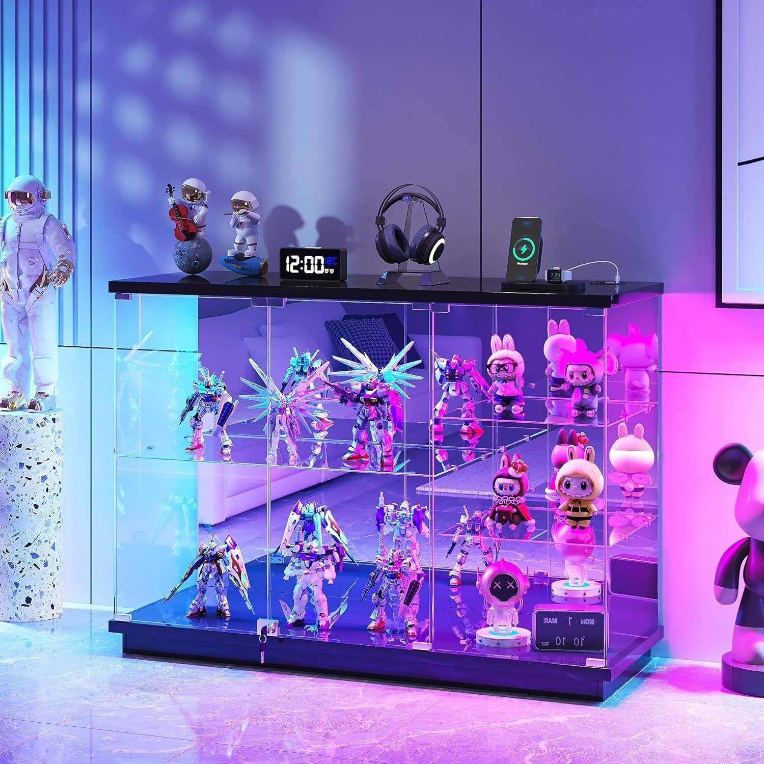 Glass Display Cabinet with RGB LED Lights, Lockable Curio Cabinets w/ Human Body