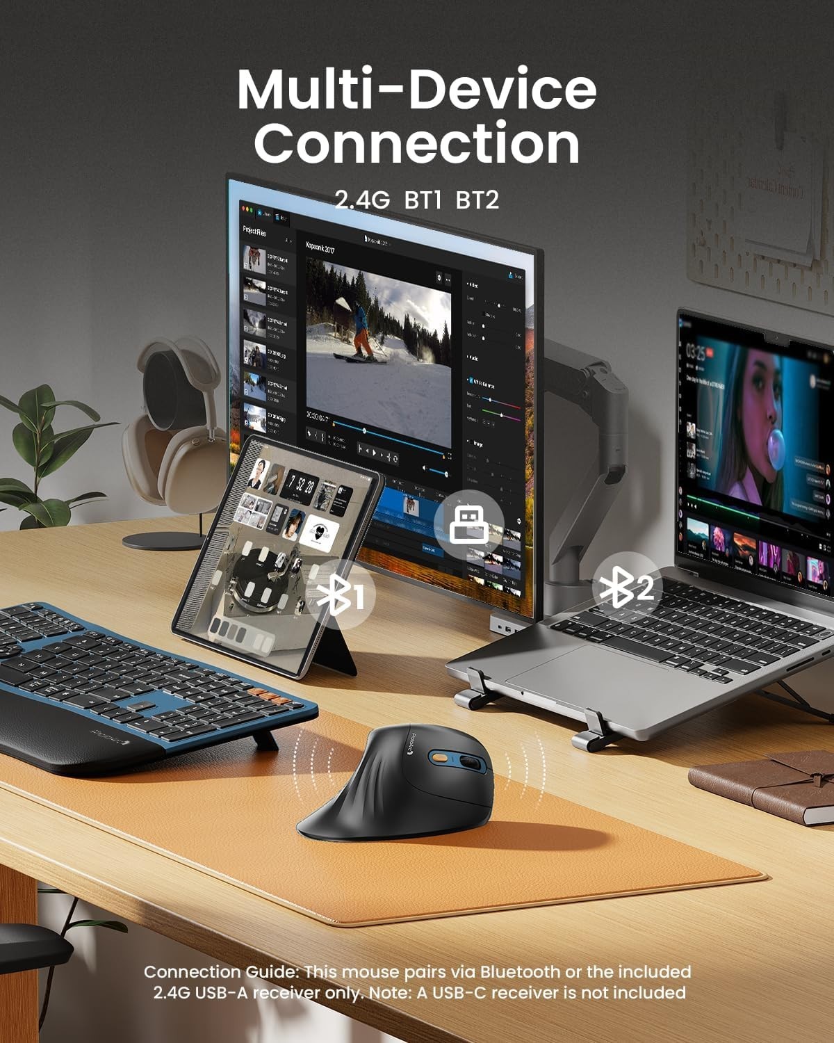 Compact Bluetooth Vertical Mouse with Adjustable DPI - Ergonomic & Rechargeable