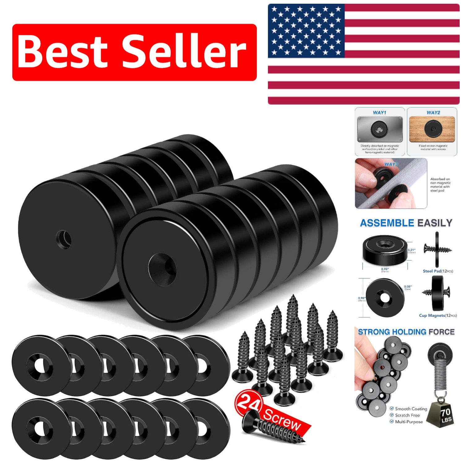 12-Pack Heavy-Duty Neodymium Cup Magnets - 70 lbs+ Pull Force, Easy Mounting