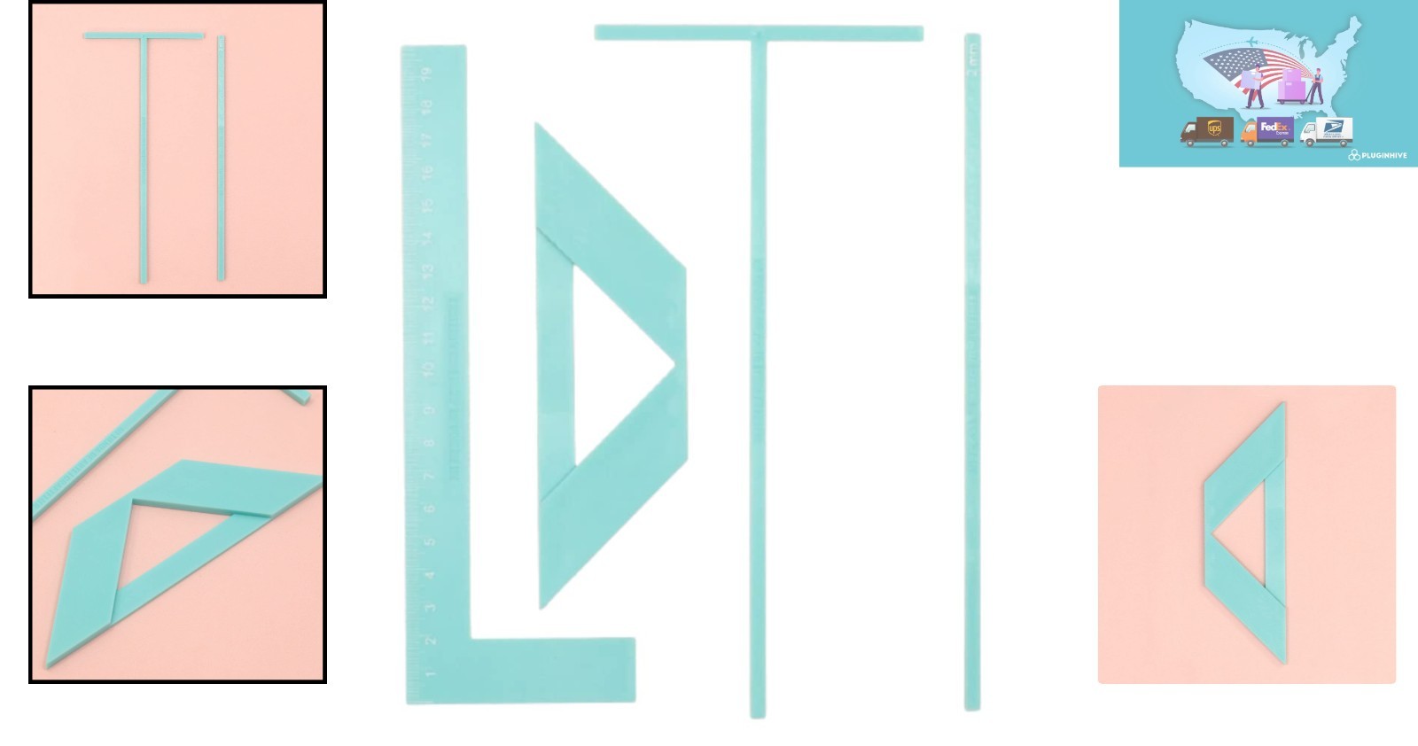 Bookbinding Ruler Set: L Ruler, T Ruler & Corner Cutting Square in Turquoise
