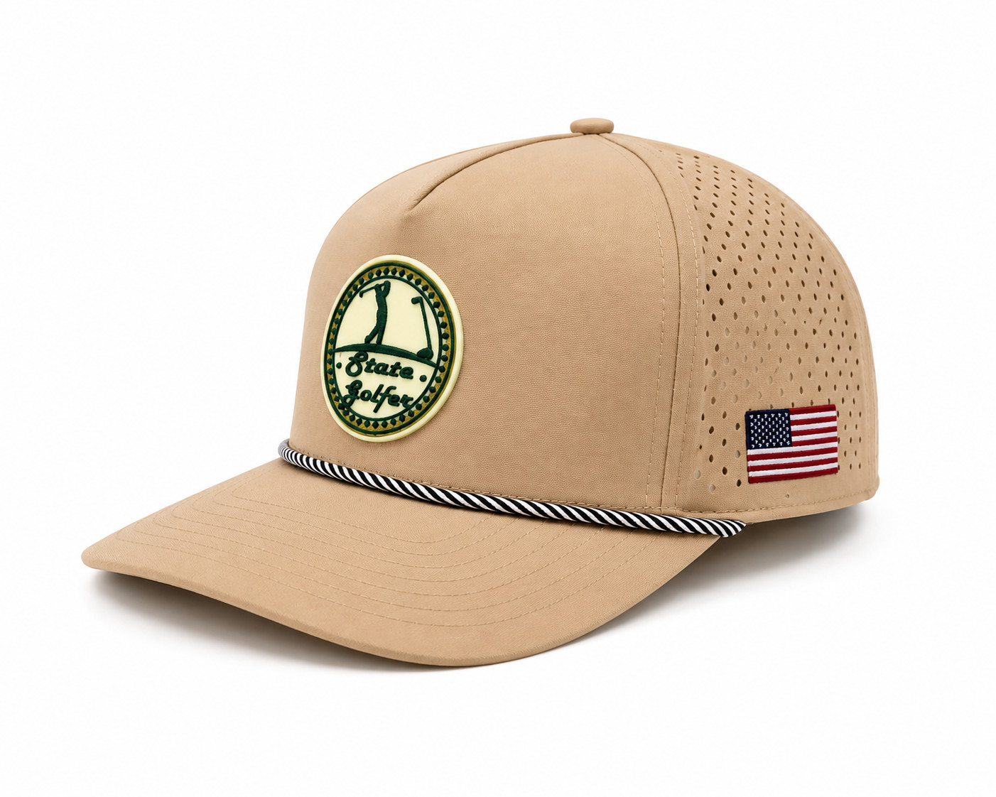 State Golfer Golf Rope Hat Beige PVC Snapback Trucker Cap USA Flag Adjustable