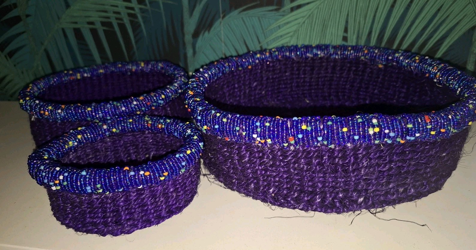 Beaded Sisal Bread Baskets Set of 3  Beautiful Blue