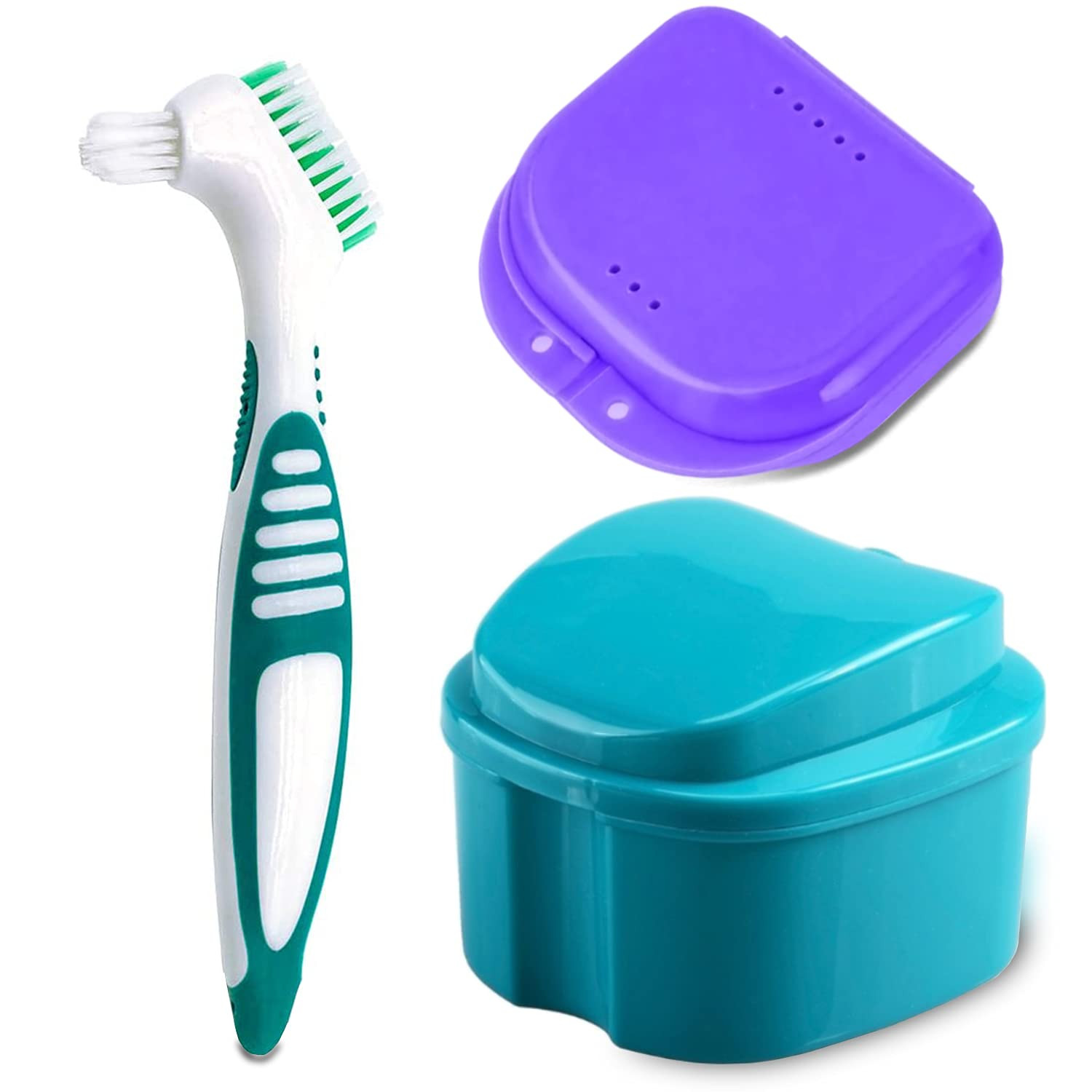 Denture Bath Case Cup with Denture Cleaner Brush & Retainer Holder Box, Complete